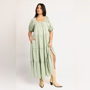 ZOCO Puff-Sleeve Tiered Maxi Dress - Light Sage